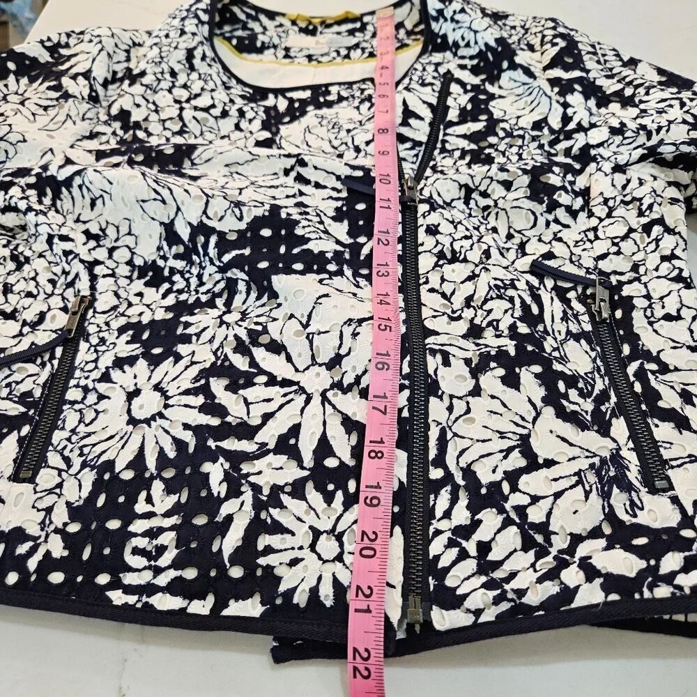Boden Amelie Broderie Biker Jacket Sz 10 White Black Zip Front Floral Officewear